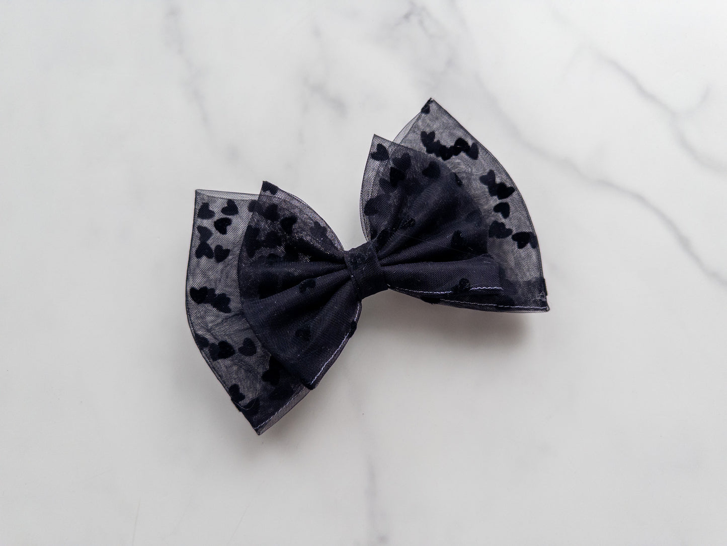 Charmed Black Flocked Heart Tulle Bow
