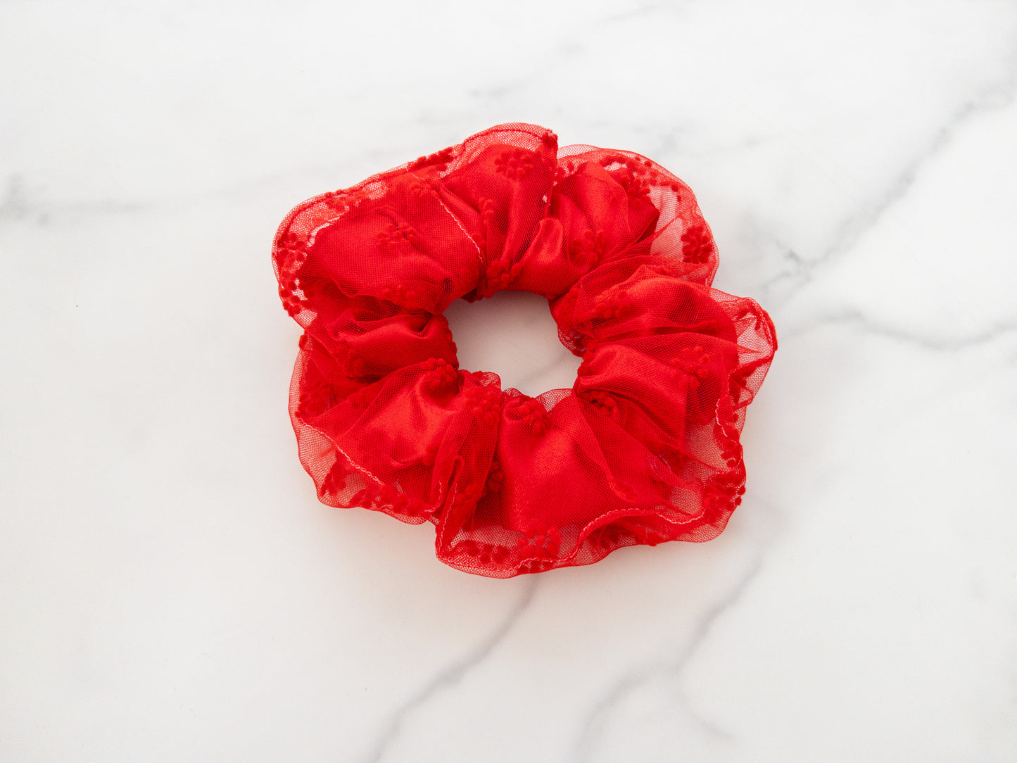 Red Flocked Floral Tulle Scrunchie