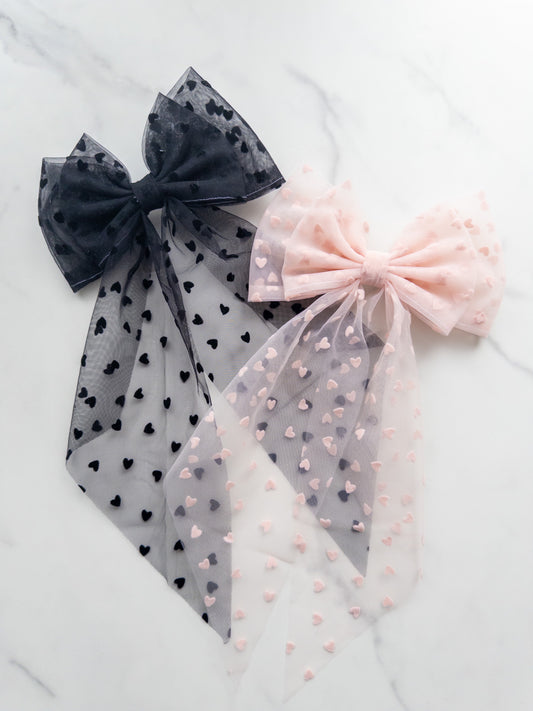 Flocked Heart Tulle Hair Bow