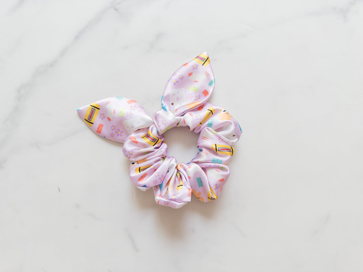 Satin Pink Monsters Bow Scrunchie