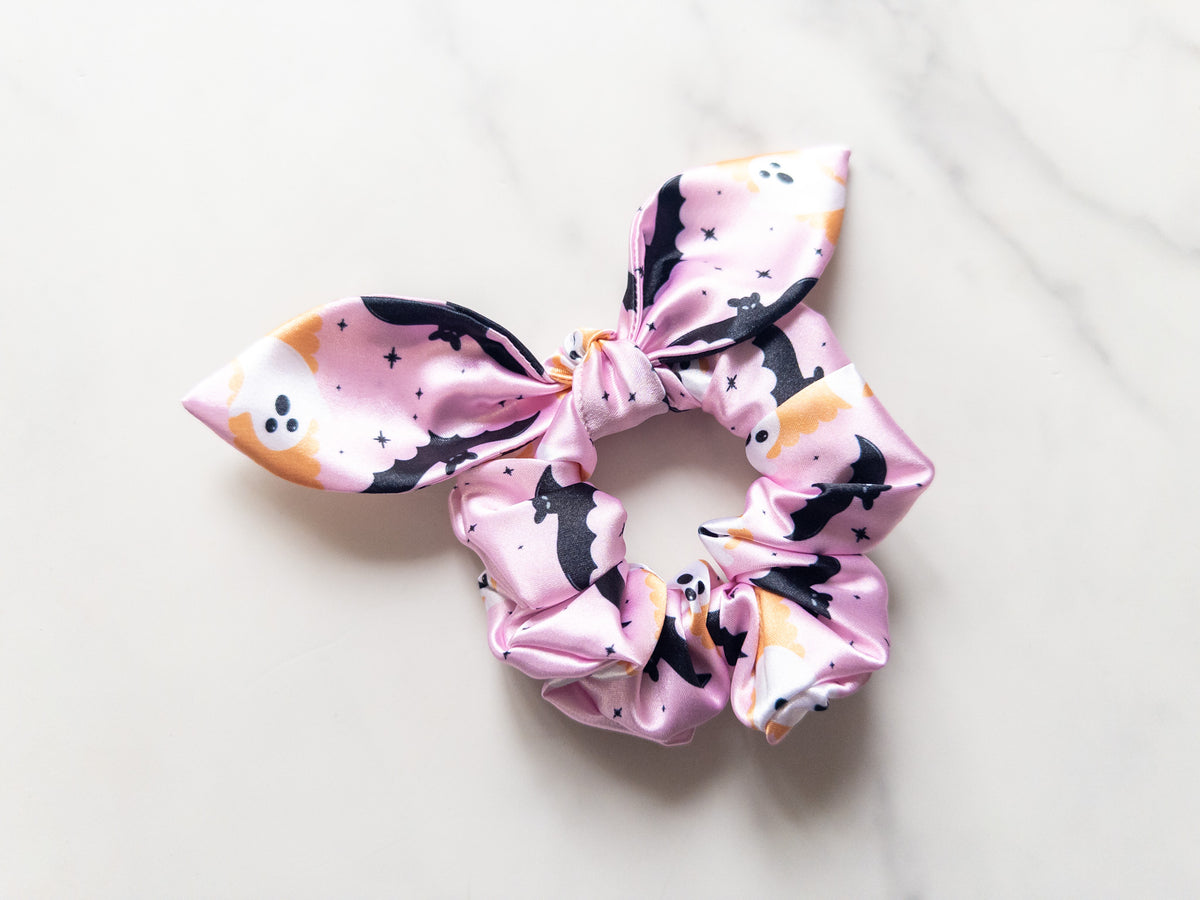Satin Pink Hauntings Bow Scrunchie