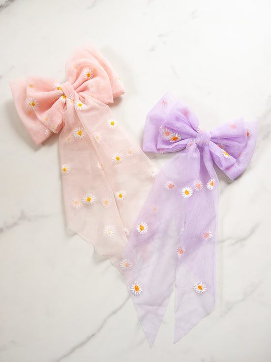 Embroidered Daisy Tulle Hair Bow