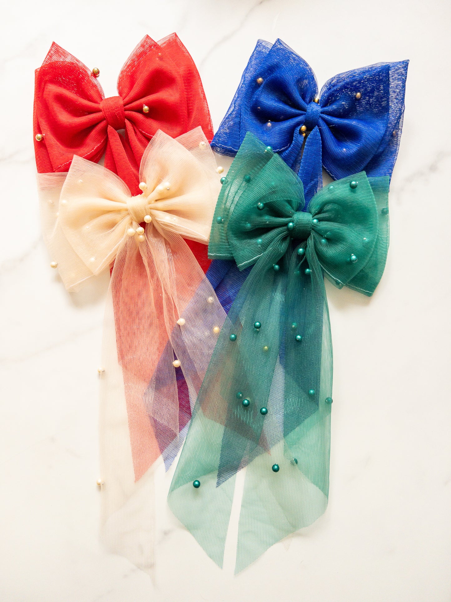 Seasonal Pearl Tulle Hair Bows