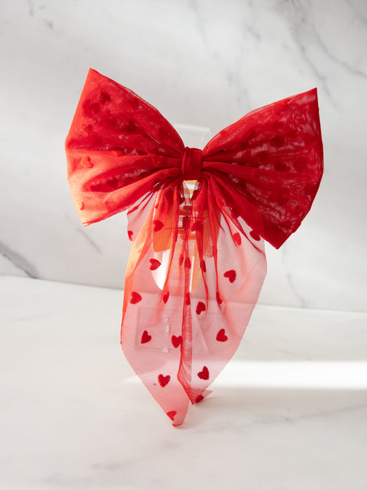 Flocked Heart Bow Claw Clip