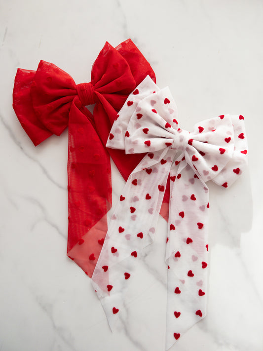 Flocked Heart Tulle Hair Bow