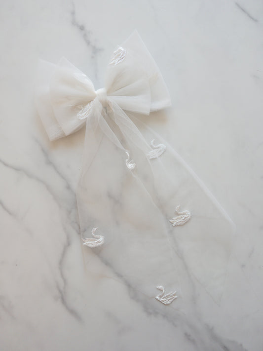 Embroidered Swan Tulle Hair Bow