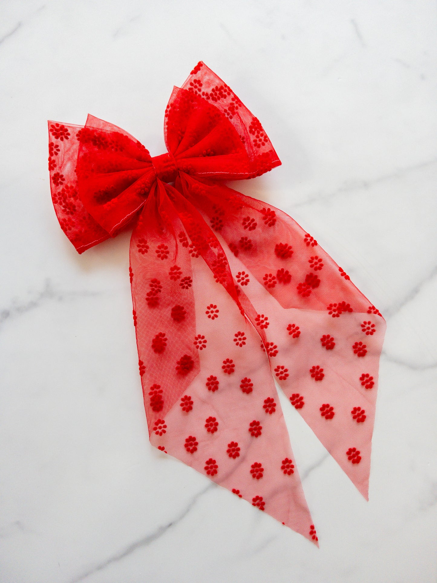 Red Flocked Floral Tulle Hair Bow